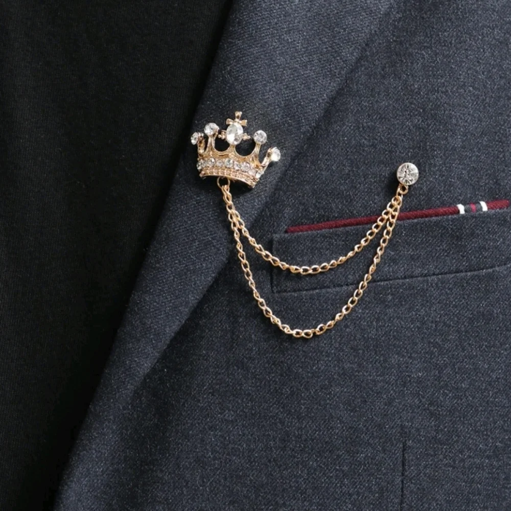 Crown Gold Tone With Rhinestones Unisex Chained Decor Brooch